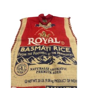 Royal Basmati Rice Burlap Tote Bag Red Tan Reusable Grocery Sack Zipper Top